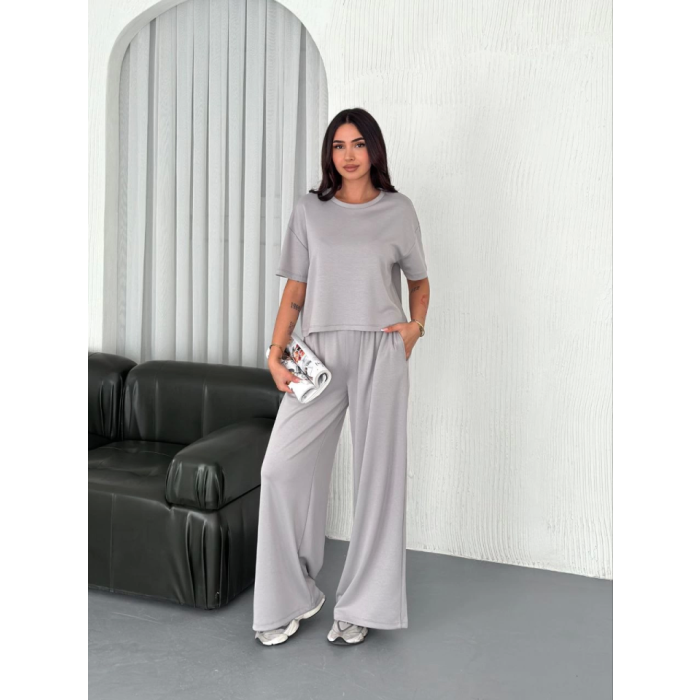 Osy Yumuşak Dokulu Kumaş Bisiklet Yaka T-Shirt  Bol Paça Pantalon Ikili Takım - Boyalı Gri