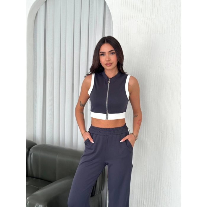 Osy Yumuşak Dokulu Kumaş Tam Fermuarlı Crop Pantalon İkili Takım - Antrasit