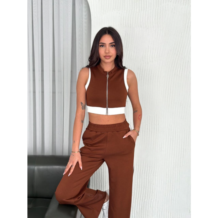 Osy Yumuşak Dokulu Kumaş Tam Fermuarlı Crop Pantalon İkili Takım - Kahverengi