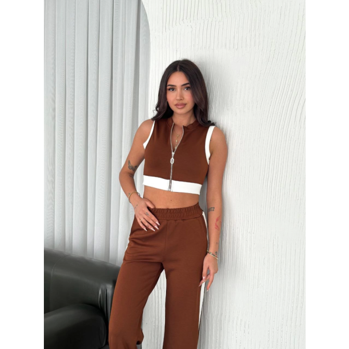 Osy Yumuşak Dokulu Kumaş Tam Fermuarlı Crop Pantalon İkili Takım - Kahverengi