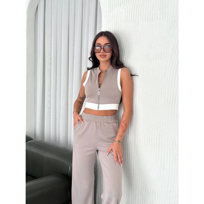 Osy Yumuşak Dokulu Kumaş Tam Fermuarlı Crop Pantalon İkili Takım - Gri