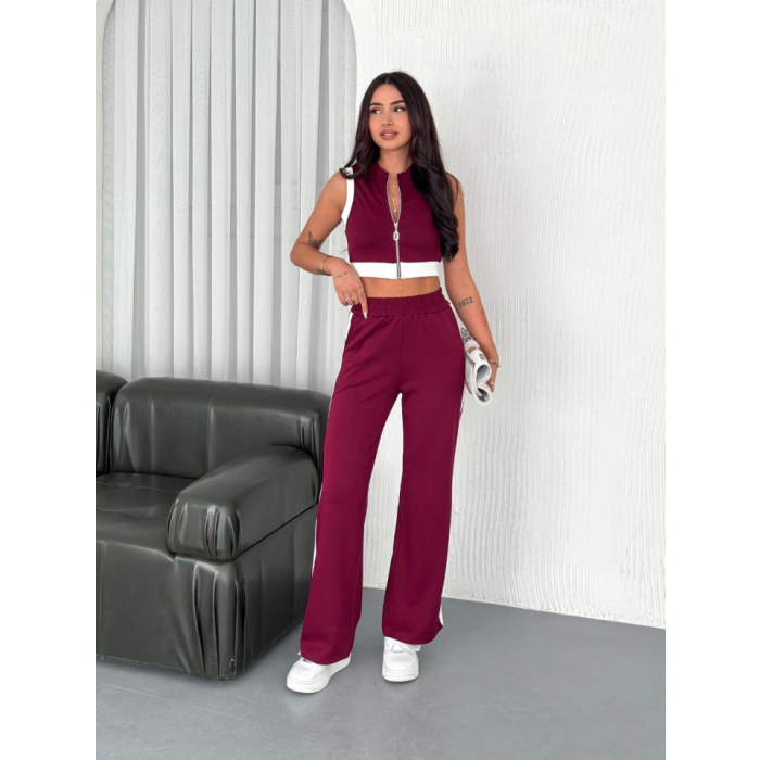 Osy Yumuşak Dokulu Kumaş Tam Fermuarlı Crop Pantalon İkili Takım - Bordo