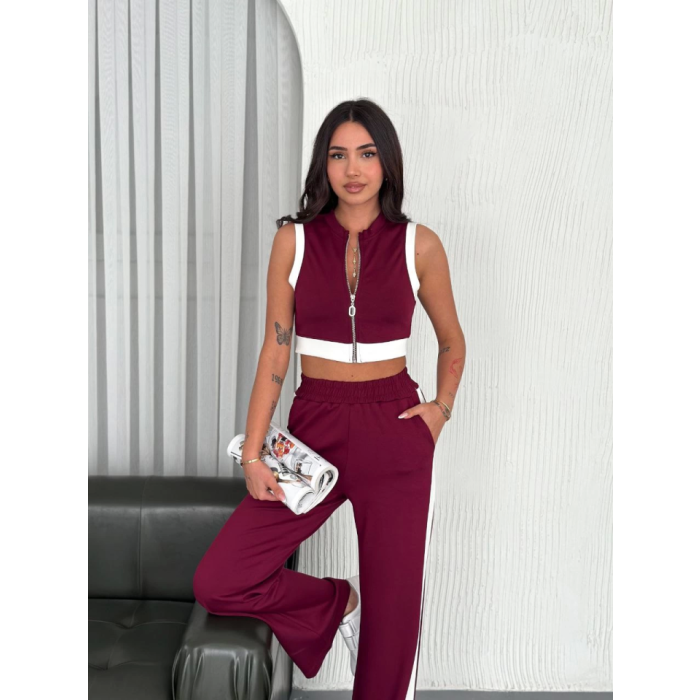 Osy Yumuşak Dokulu Kumaş Tam Fermuarlı Crop Pantalon İkili Takım - Bordo