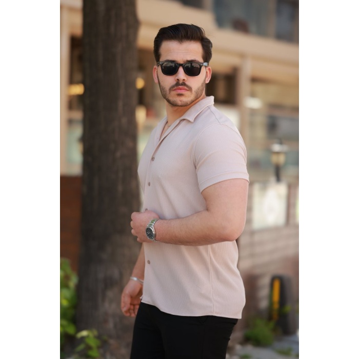 Erkek Ottoman Kumaş Apaj Yaka Kısa Kollu Gömlek