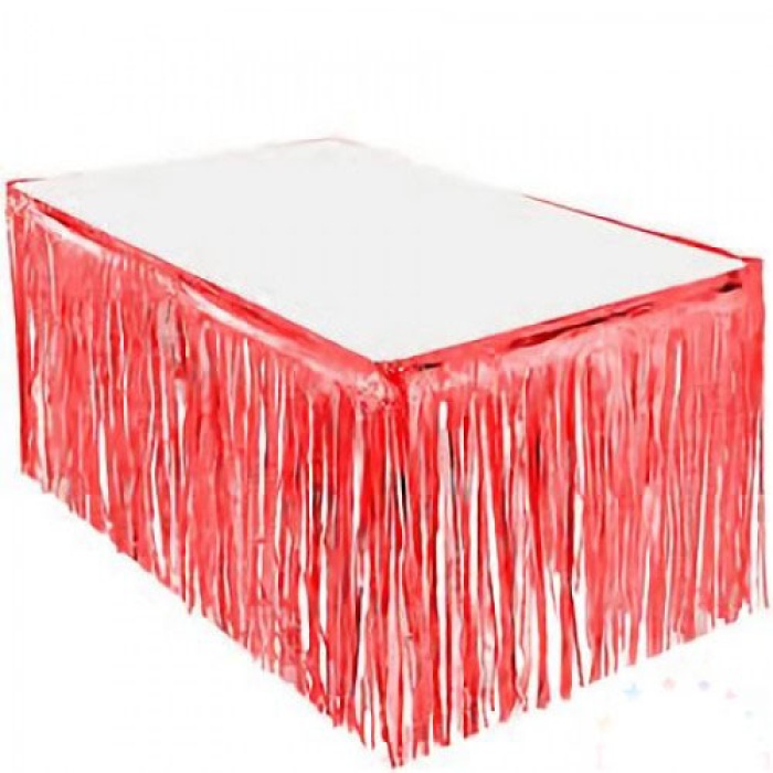 Püsküllü Işıltılı ShopZum Metalize Kırmızı Renk Masa Eteği 70x300 cm