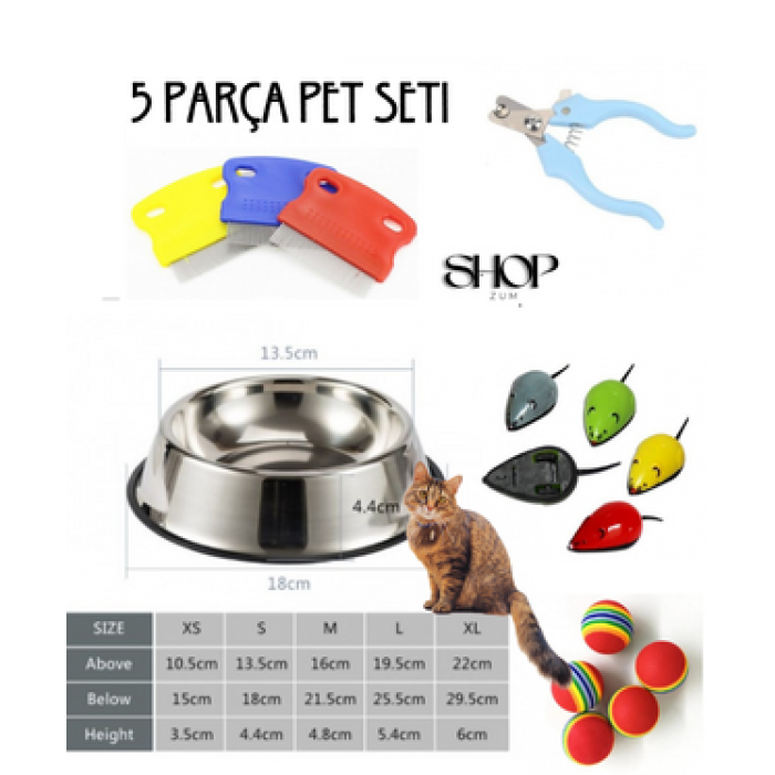 5 Parça Pet Seti - Pire Tarağı - Pazlanmaz Çelik Mama Kabı - Pet Tırnak Makası - Oyuncak Çek Bırak Fare ve Top