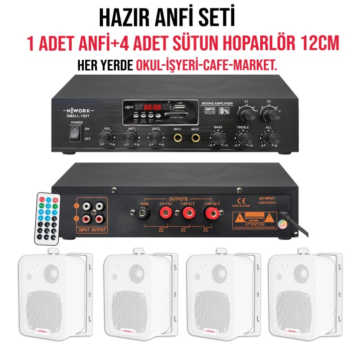  SMALL-100T Anfi Seti  1 Adet 100 Watt Anfi + 4 Adet 12CM Sütun Hoparlör