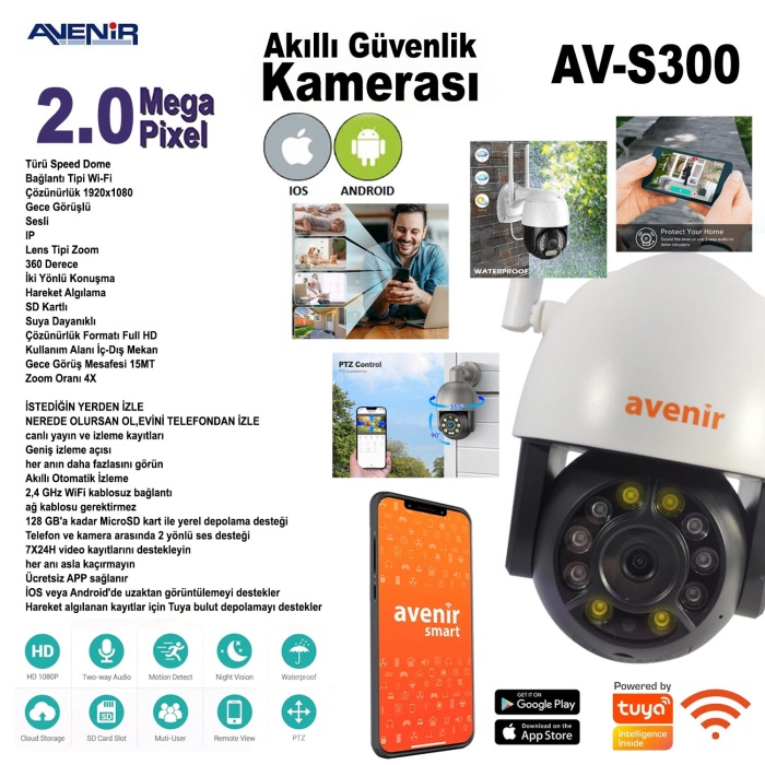 AV-S300 Ip Smart Akıllı Güvenlik Kamerası 2mp Renkli Gece Görüş