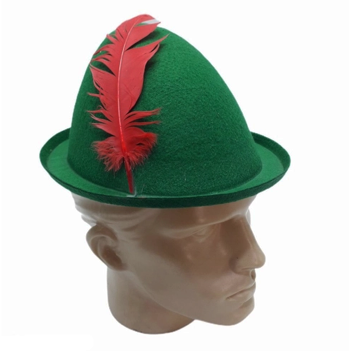 Yeşil Renk Kırmızı Tüylü Peter Pan Şapkası Robin Hood Şapkası 24X23 cm