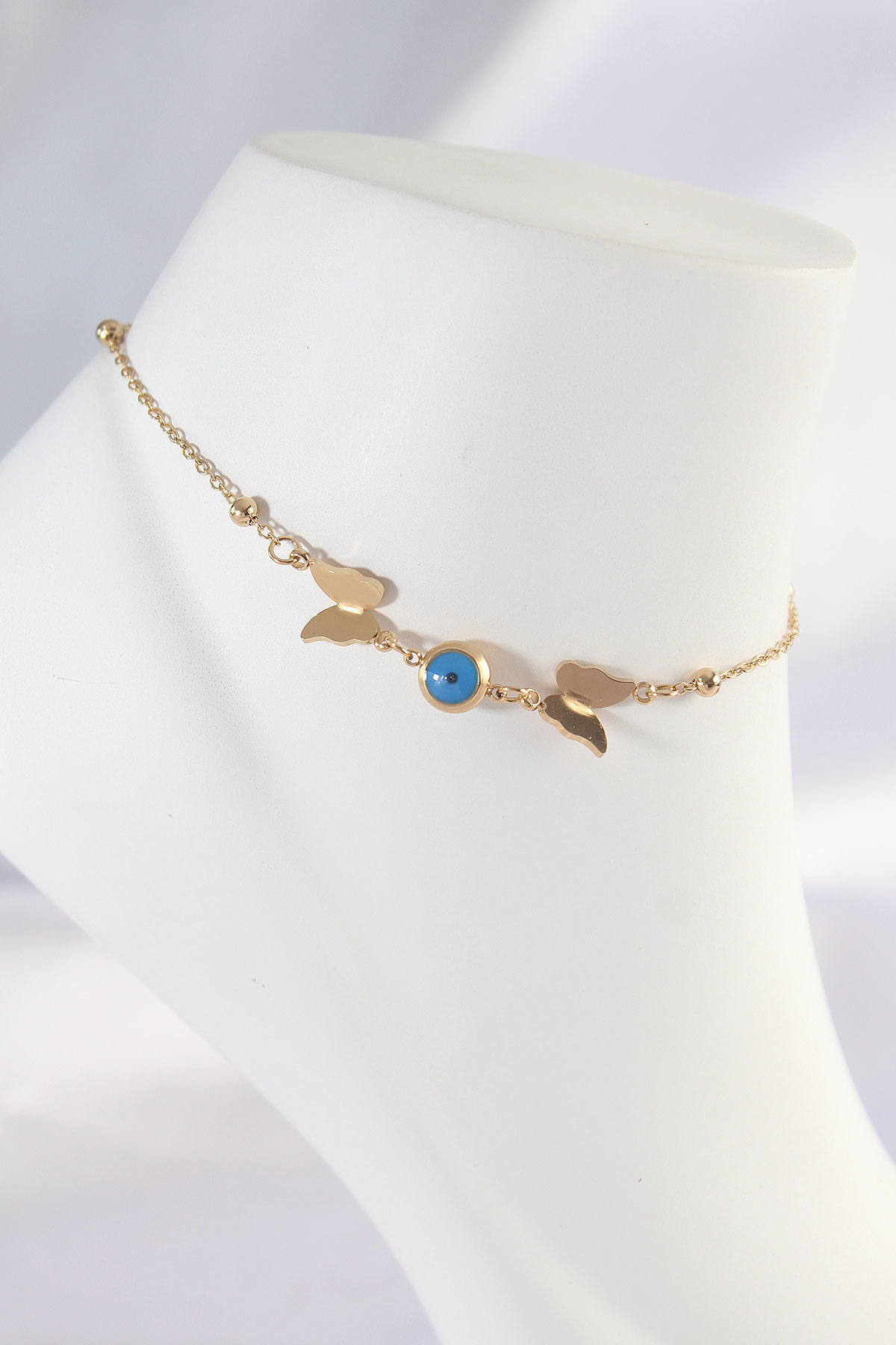 316L Çelik Özel Seri Gold Renk Nazar Boncuk Detay Kelebek Halhal