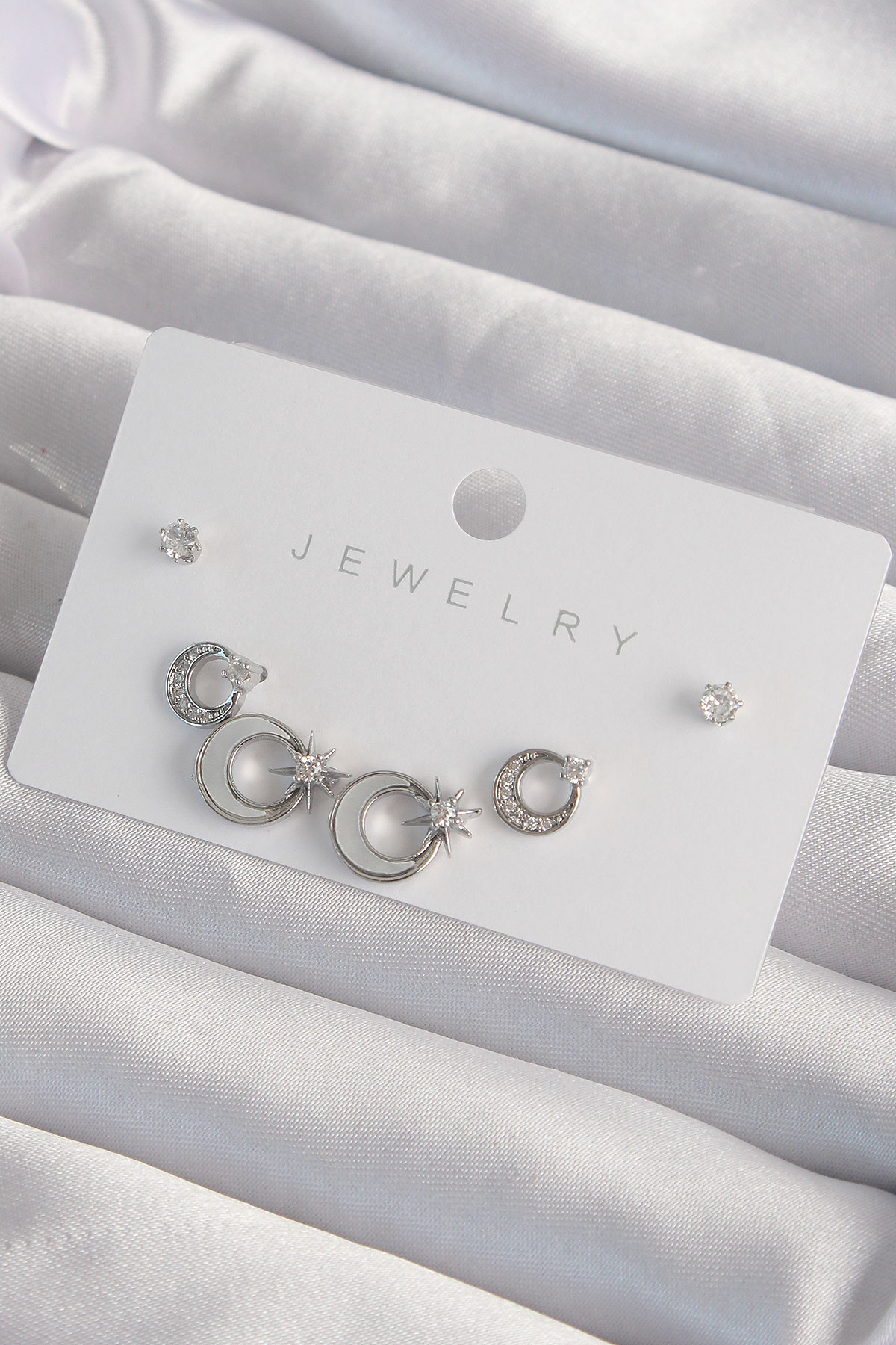 Custom Series Brass Silver Color Mine Zircon Stone Moon Model Earrings Set