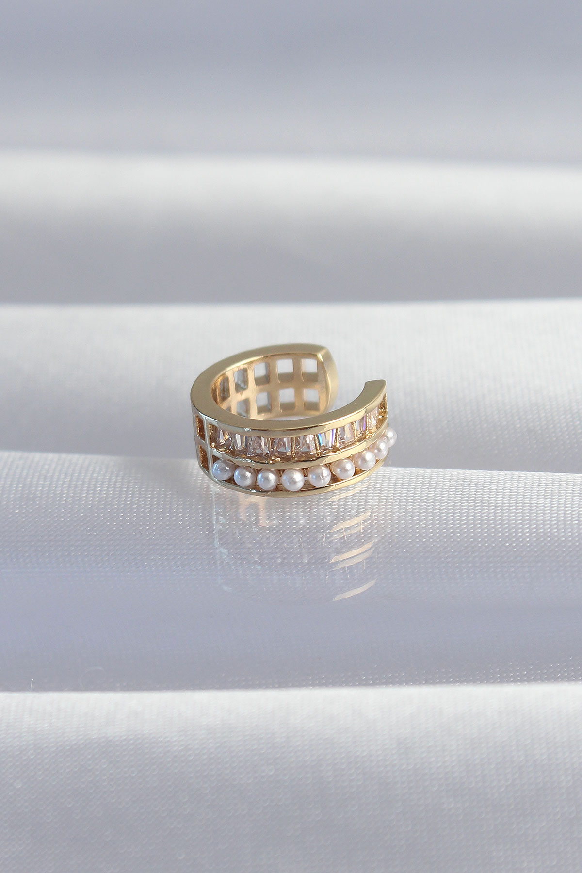 Özel Seri Pirinç Gold Renk İncili Baget Taşlı Earcuff Küpe