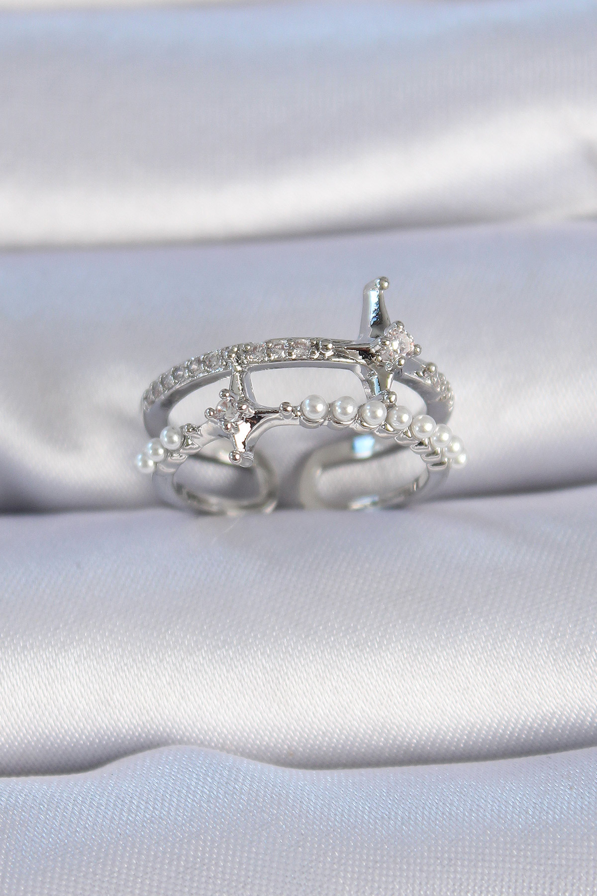 Custom Series Brass Silver Color Zircon Stone Pearl Detail Pole Star Model Female Ring