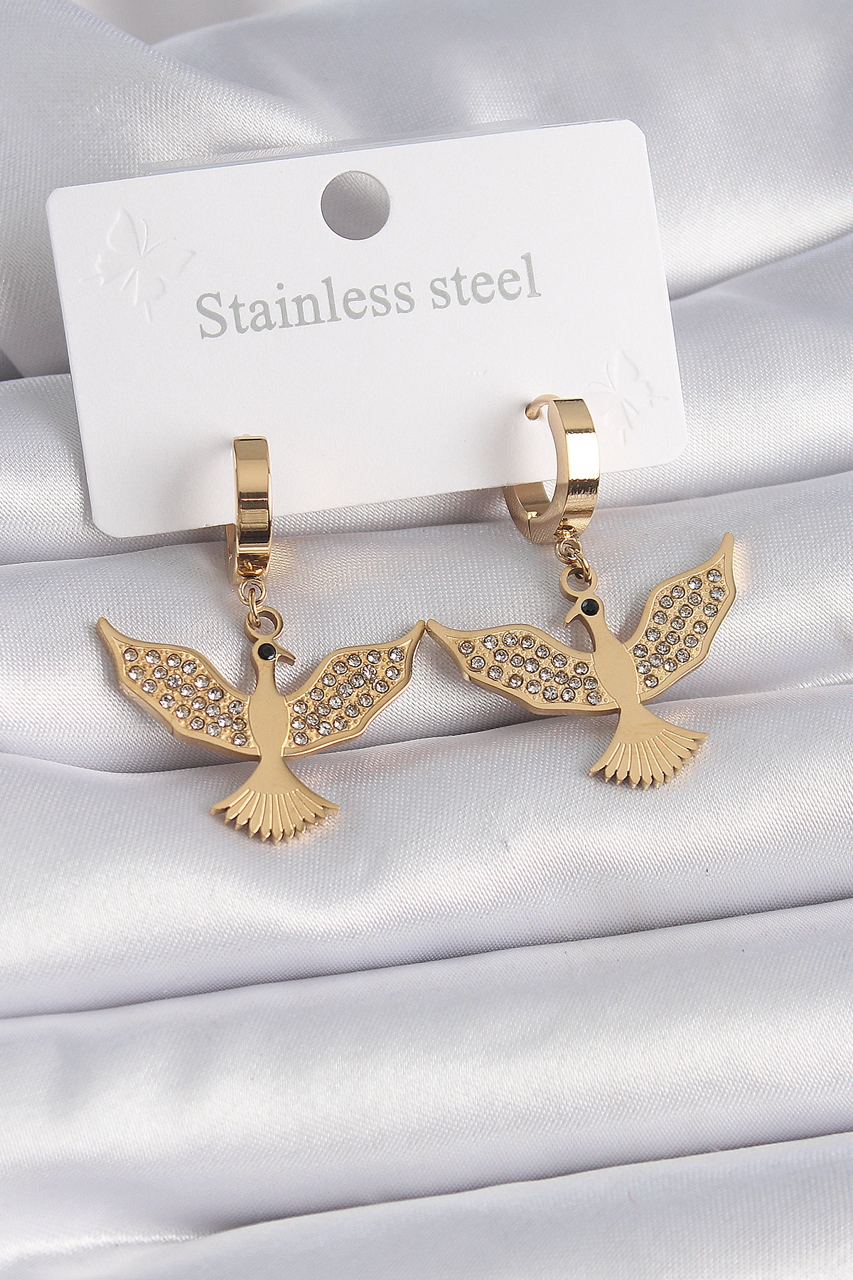 Çelik Gold Renk Zirkon Taşlı Anka Kuşu Model Kadın Küpe
