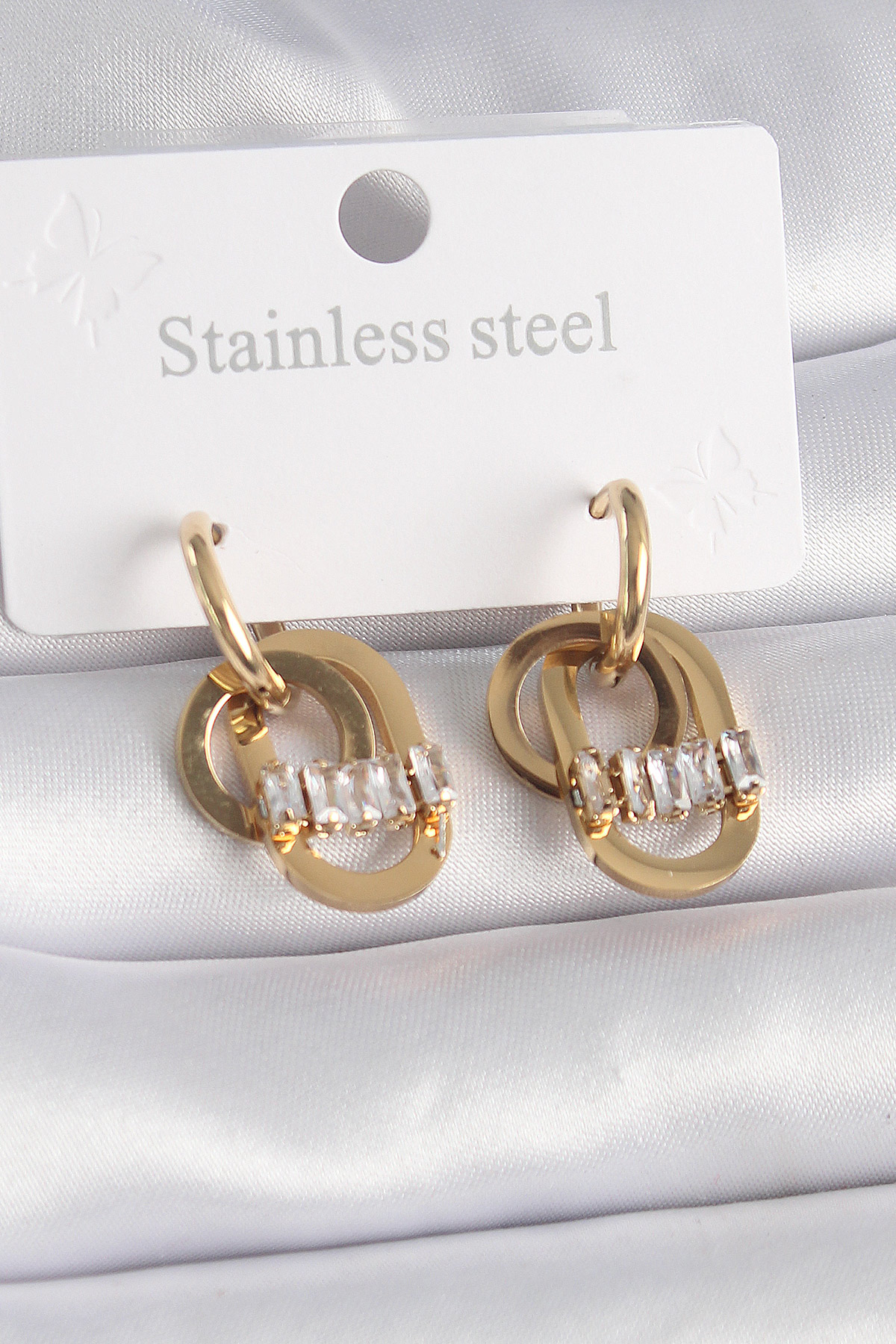 Çelik Gold Renk Zirkon Taşlı Halka Model Kadın Küpe