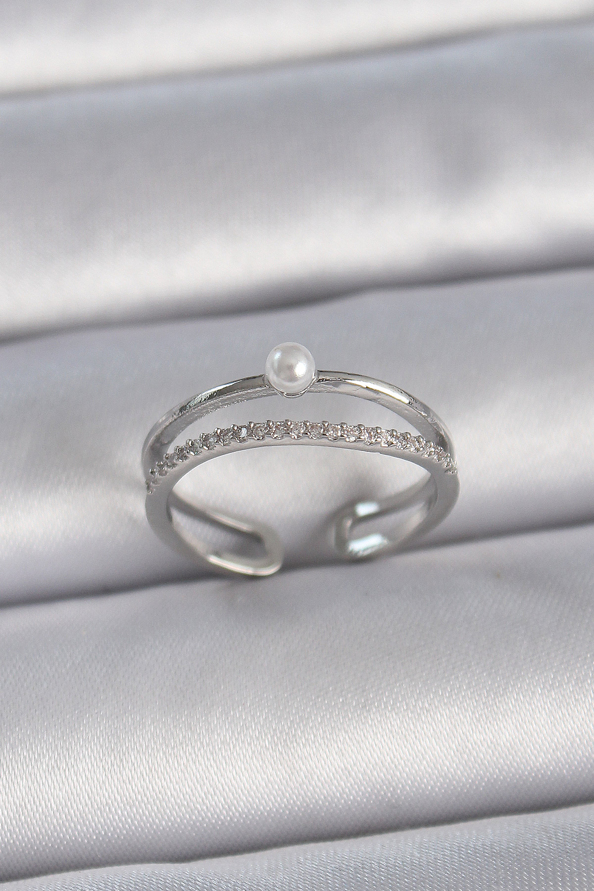 Brass Silver Color Zircon Stone Pearl Detail Adjustable Model Female Ring