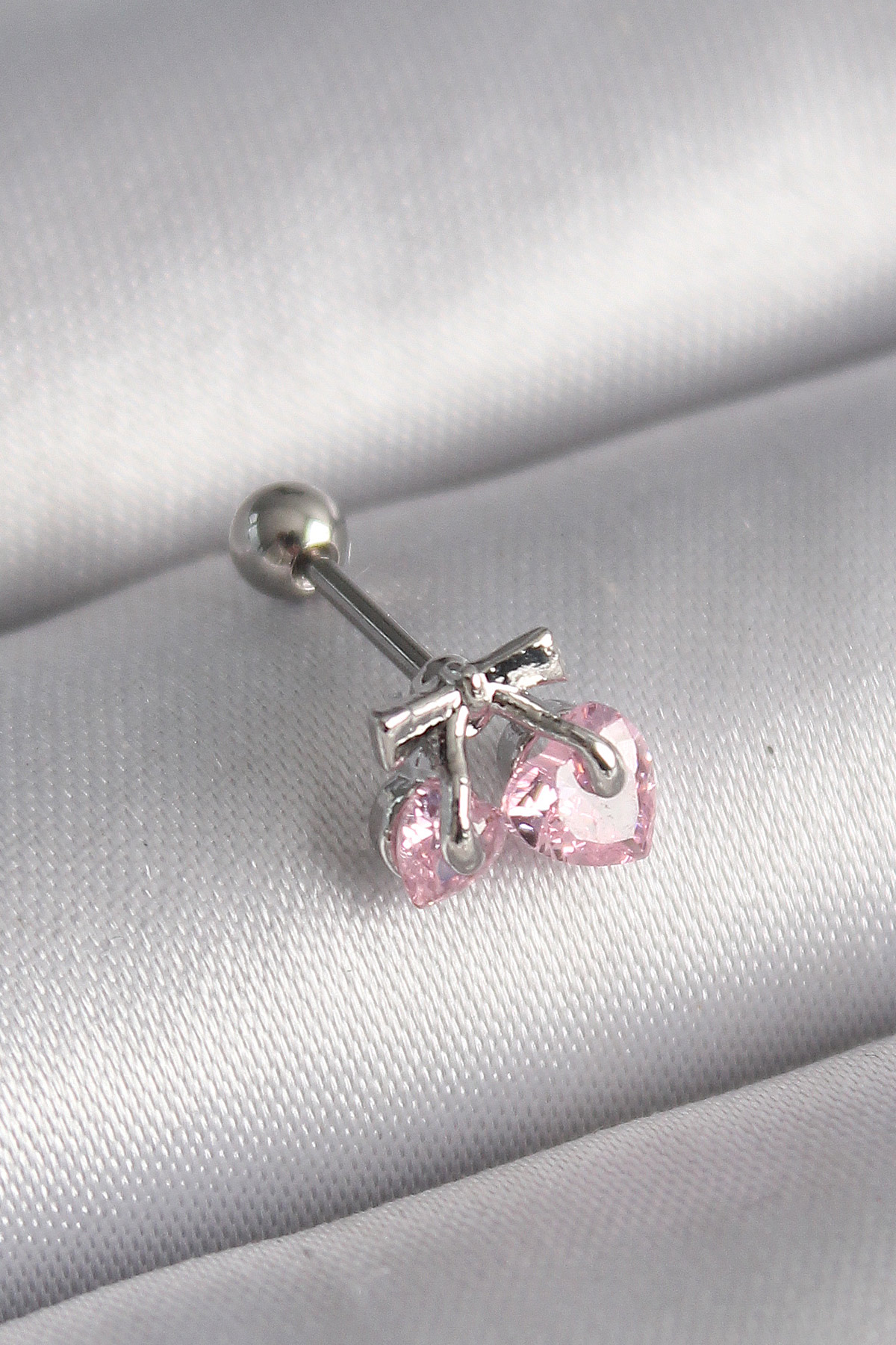 Çelik  Renk Pembe Zirkon Taşlı Kalp Tragus Piercing