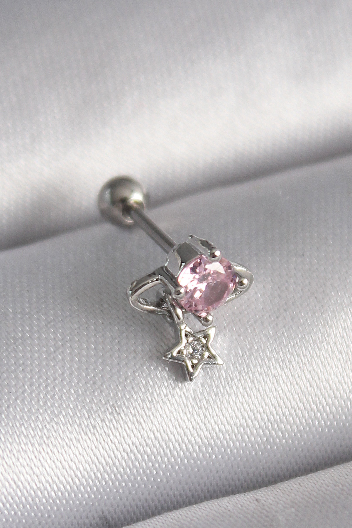 Çelik  Renk Pembe Zirkon Taşlı Sallantı Detay Tragus Piercing