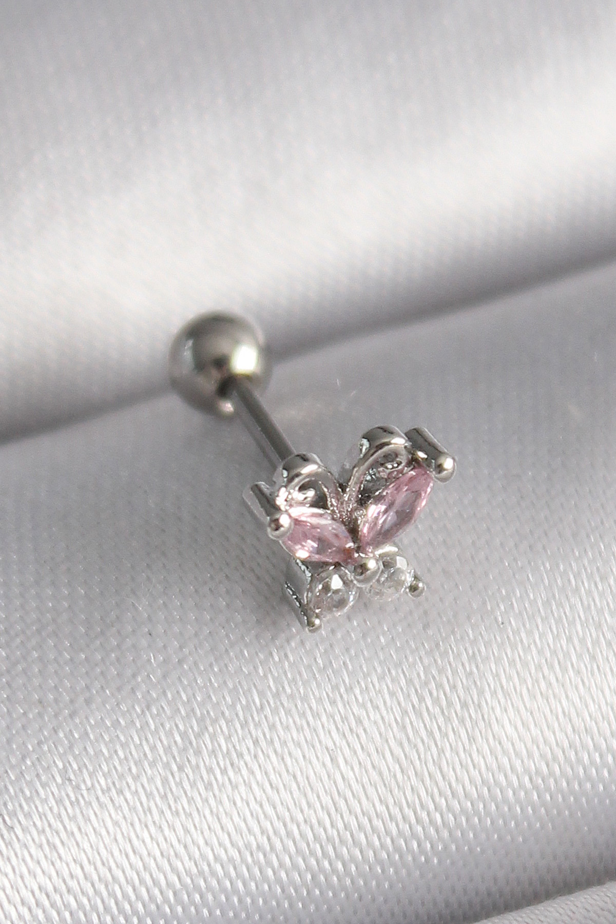Çelik  Renk Pembe Zirkon Taşlı Kelebek Tragus Piercing