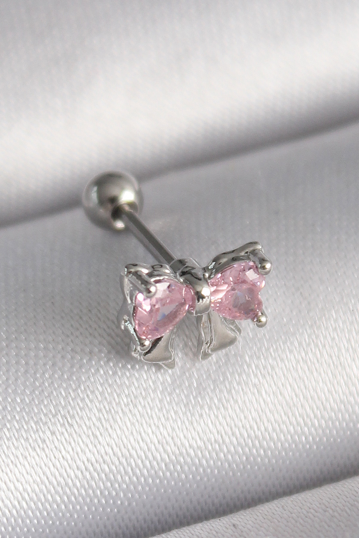 Çelik  Renk Pembe Zirkon Taşlı Fiyonk Tragus Piercing
