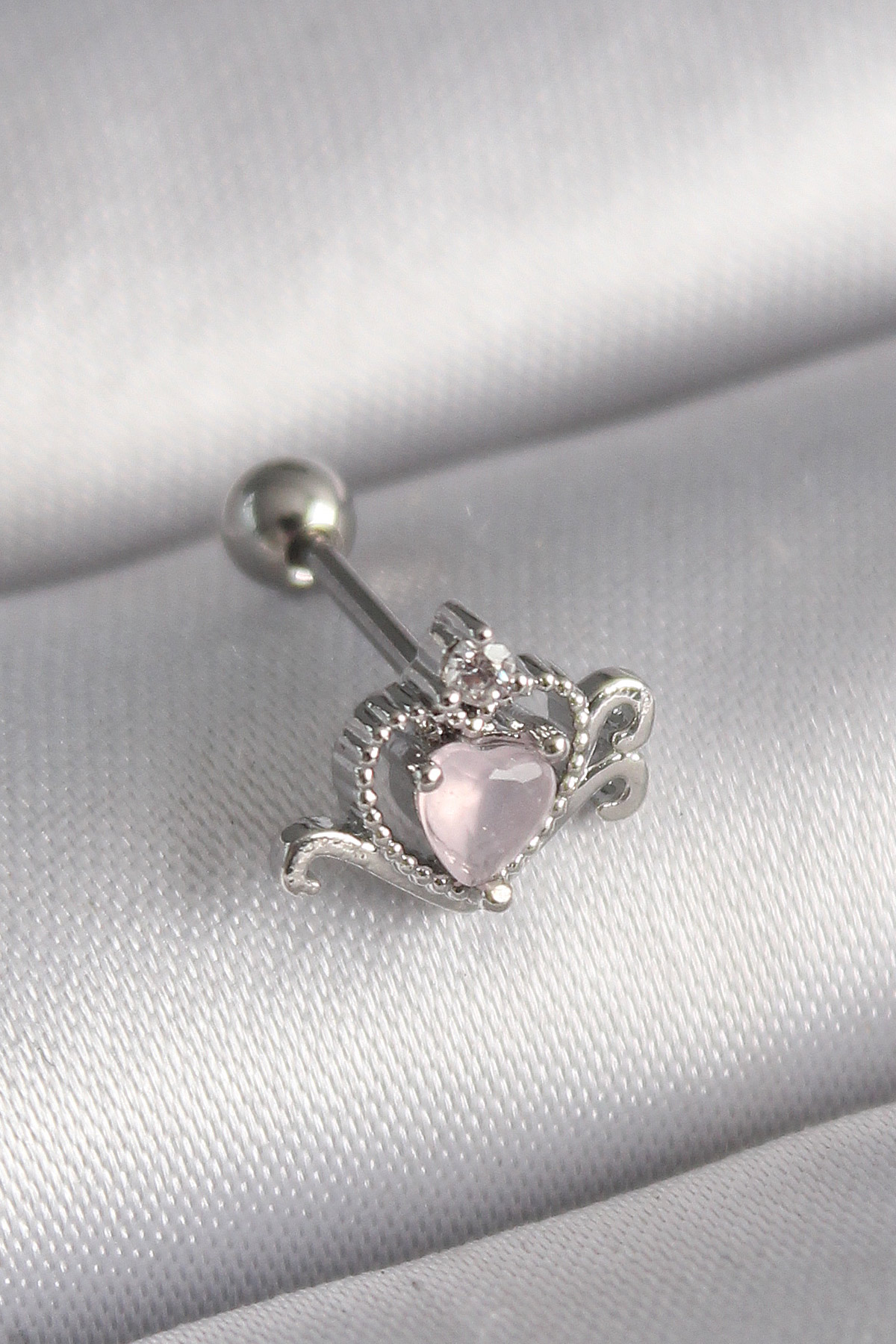 Çelik  Renk Pembe Mineli Kalp Zirkon Taş Detay Tragus Piercing