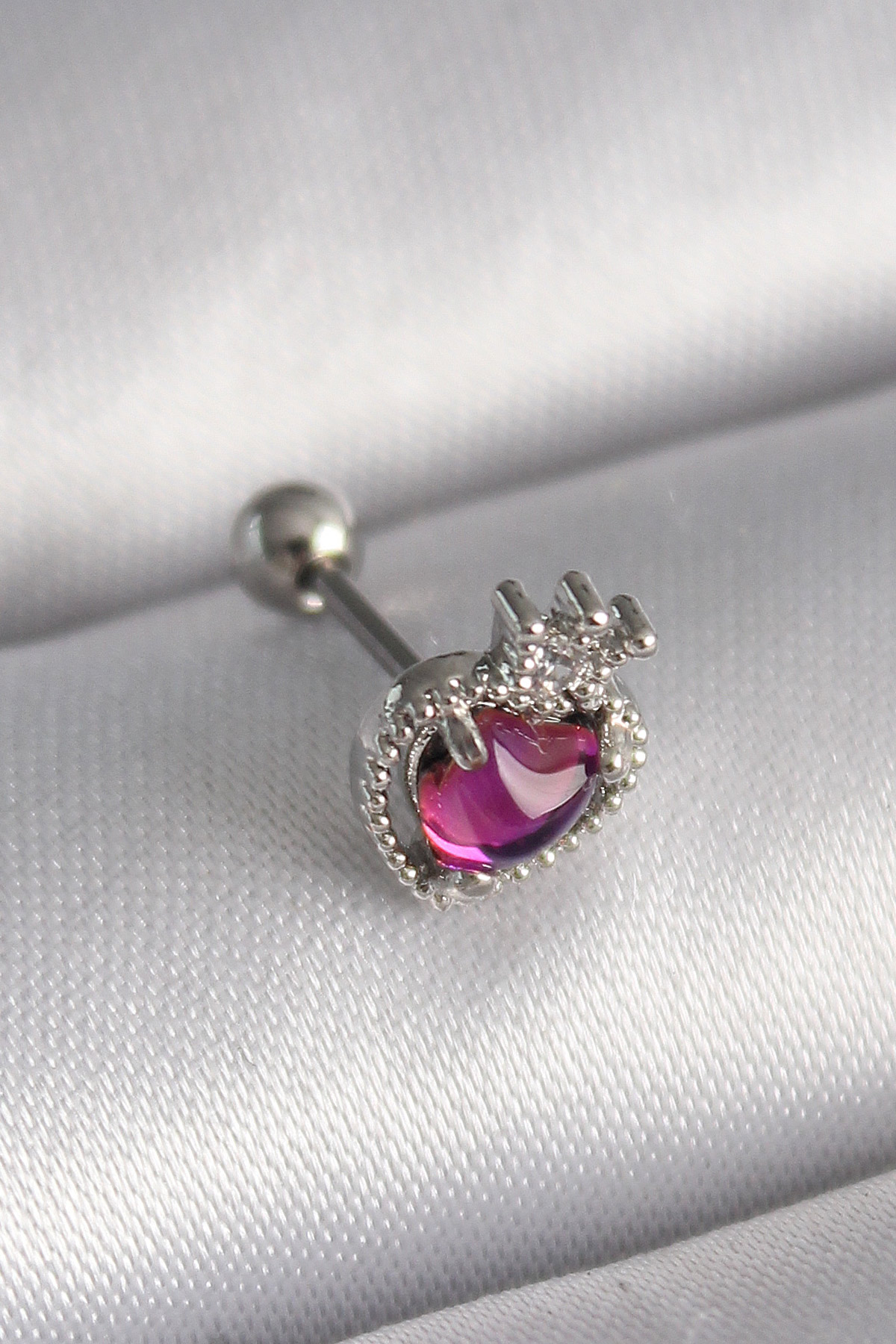 Çelik  Renk Pembe Mineli Kalp Zirkon Taş Detaylı Tragus Piercing