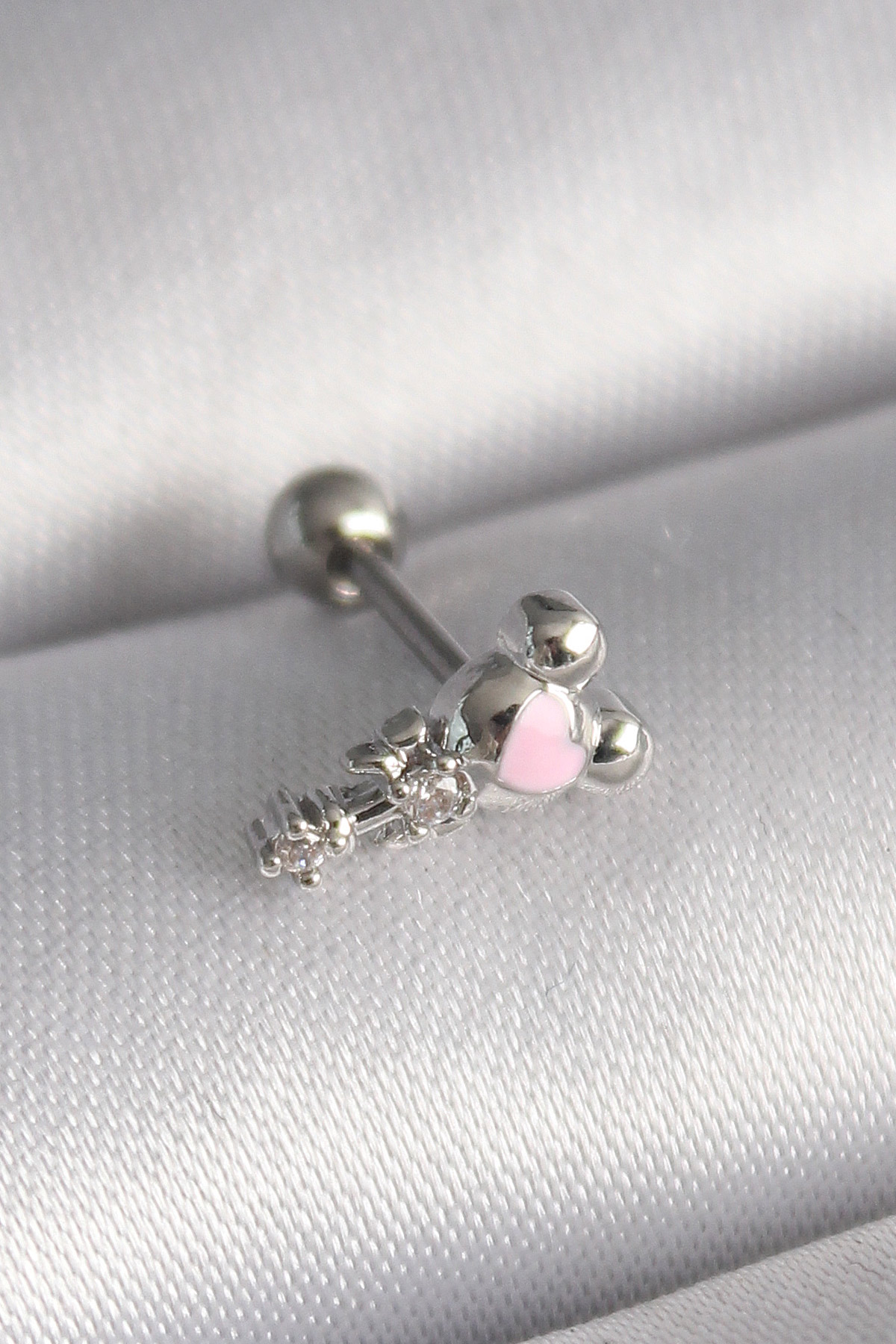 Çelik  Renk Zirkon Taş Detay Pembe Kalp İşleme Tragus Piercing