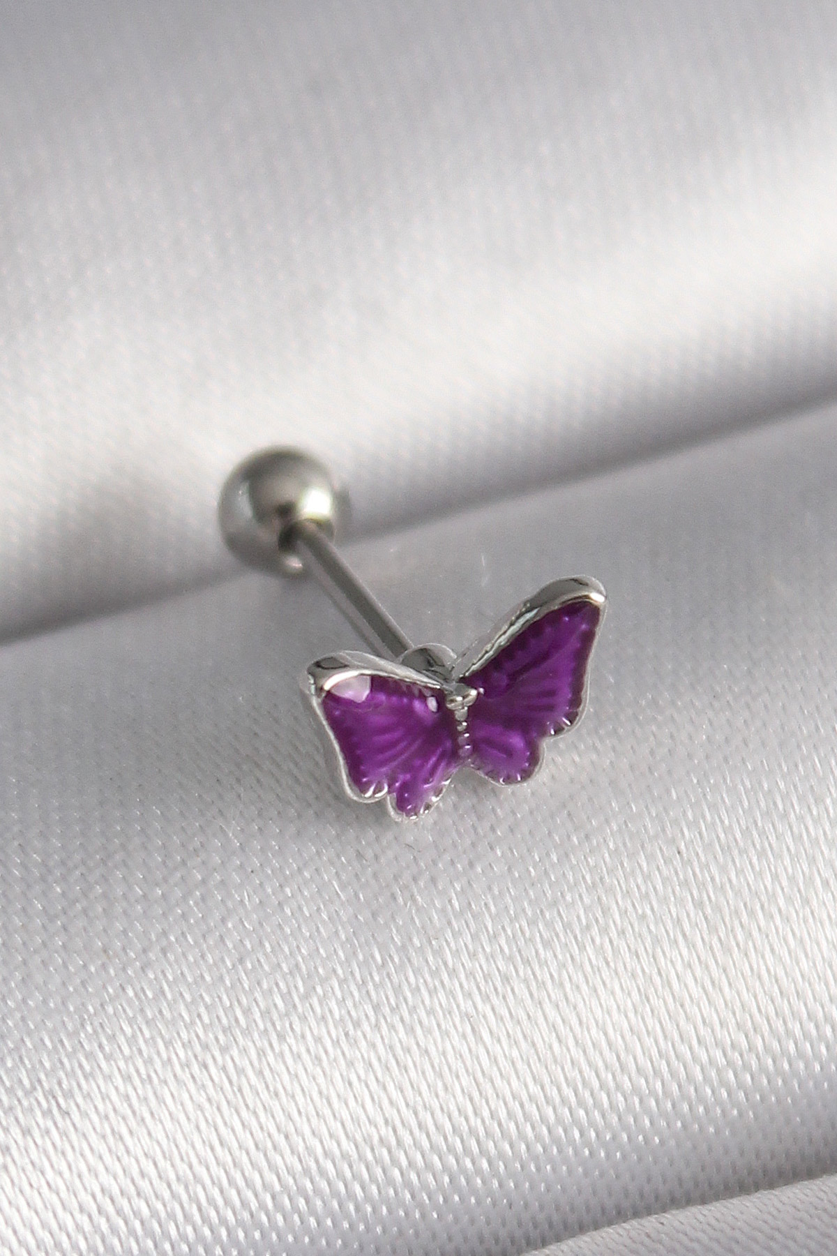 Çelik  Renk Mor Kelebek Model Tragus Piercing