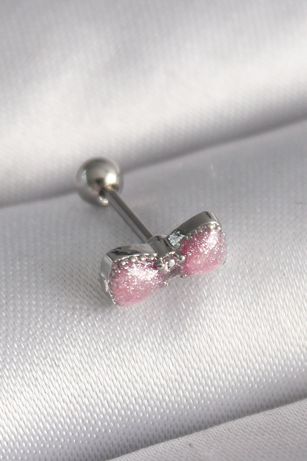 Çelik  Renk Pembe Kurdele Zirkon Taş Detay Tragus Piercing
