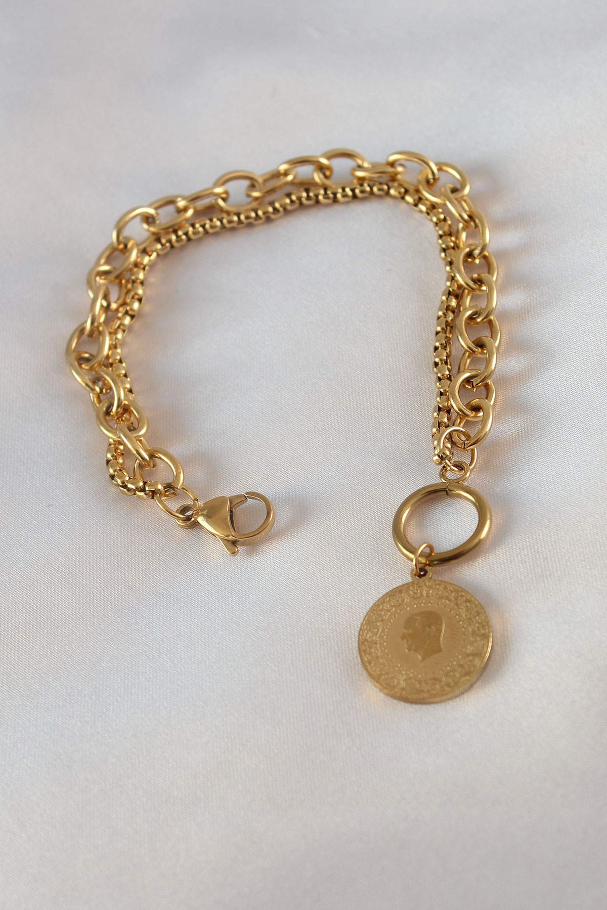 Çelik Gold Renk 2'Li Zincir Model Çeyrek Altınlı Kadın Bileklik