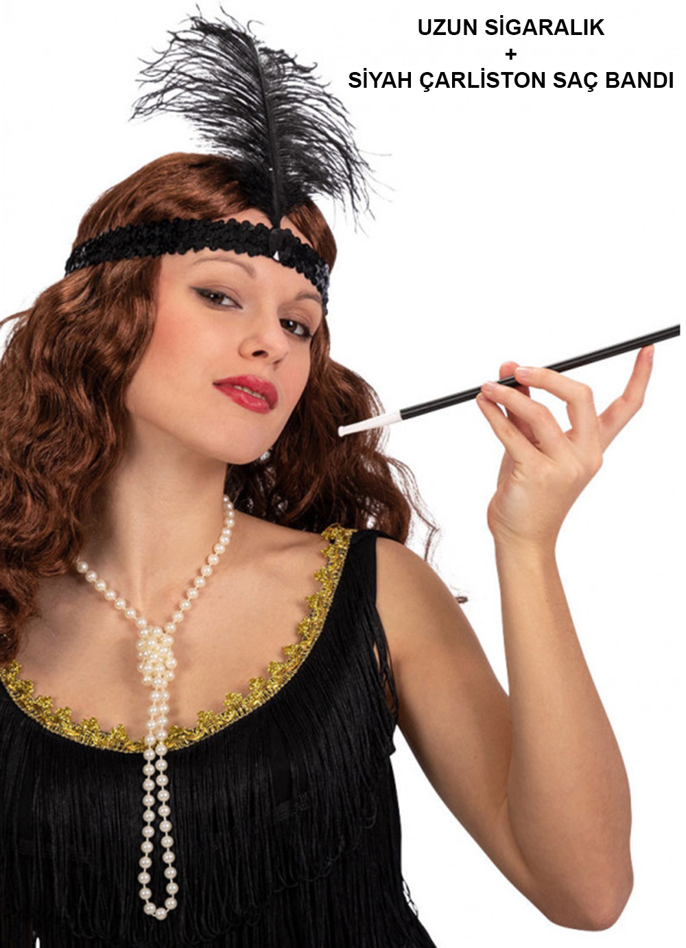 1920&Amp;#39;Ler Gatsby Aksesuar Seti – Siyah Charleston Saç Bandı &Amp; Lık