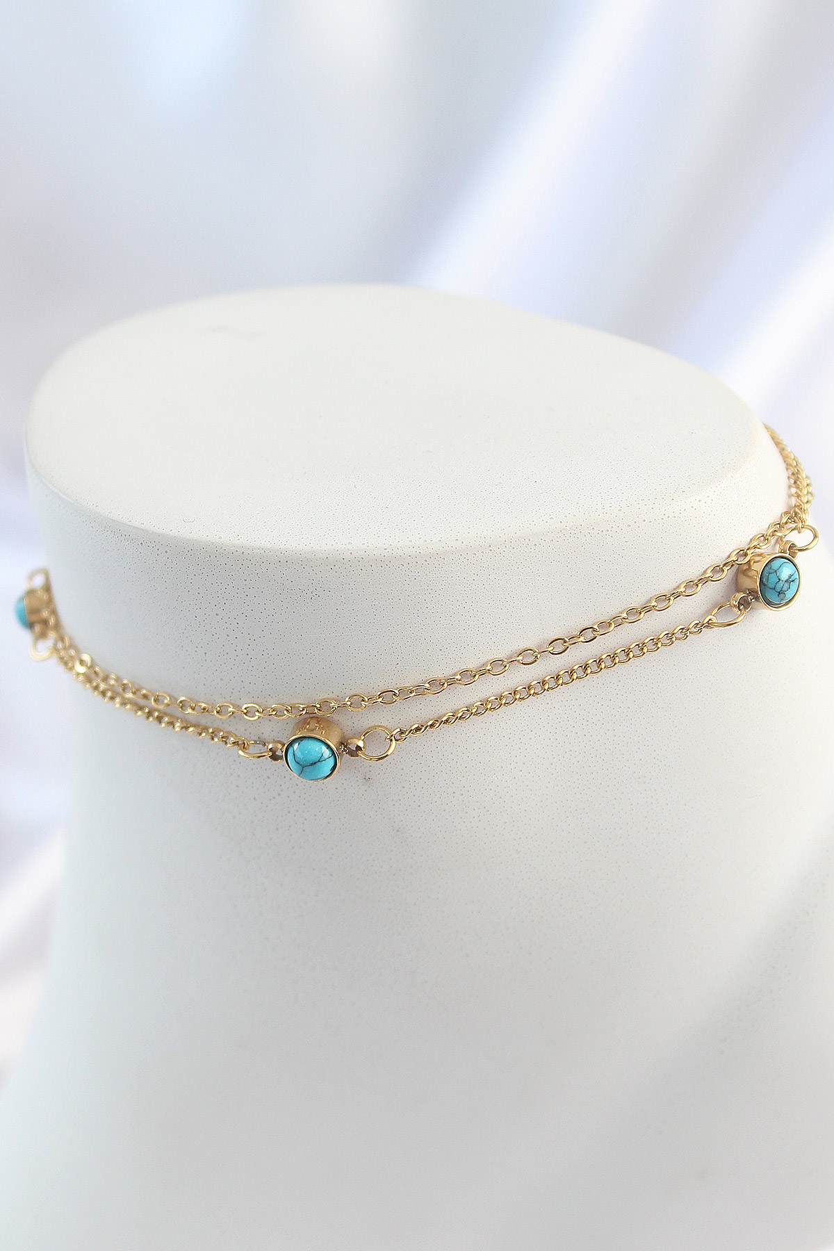 316L Çelik Gold Renk 2'Li Zincir Mavi Taşlı Model Kadın Halhal