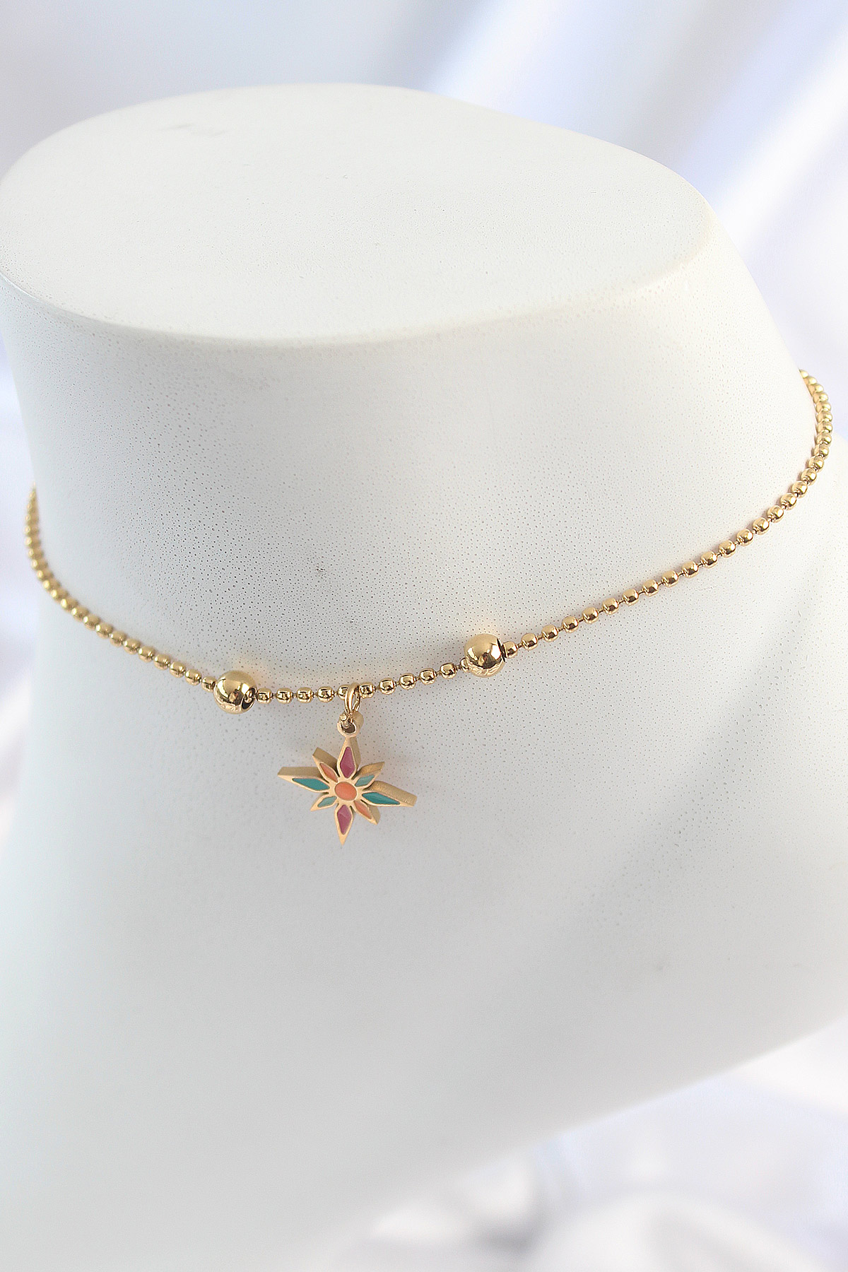 316L Çelik Gold Renk Topçuk Detay Renkli Çiçek Model Kadın Halhal