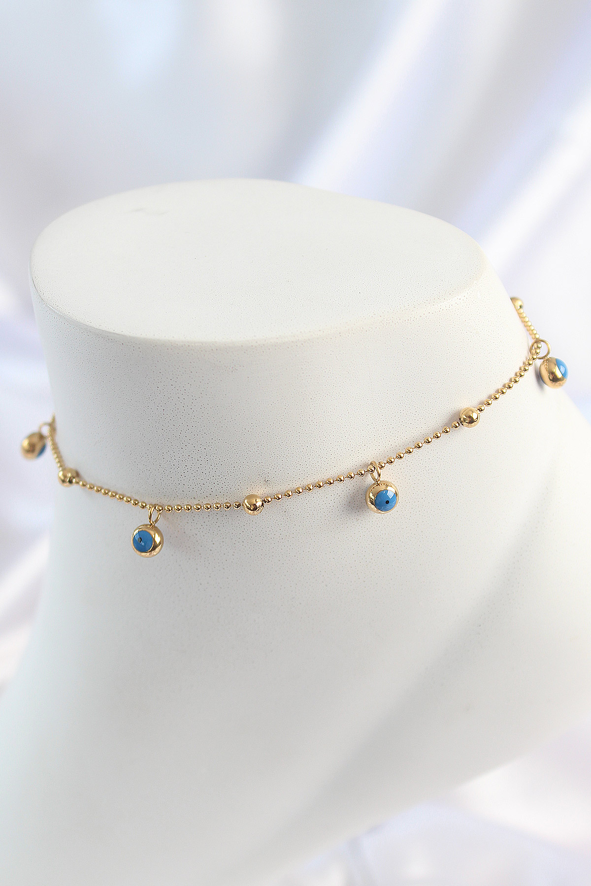 316L Çelik Gold Renk Sallantı Nazar Boncuk Figür Topçuk Detay Kadın Halhal