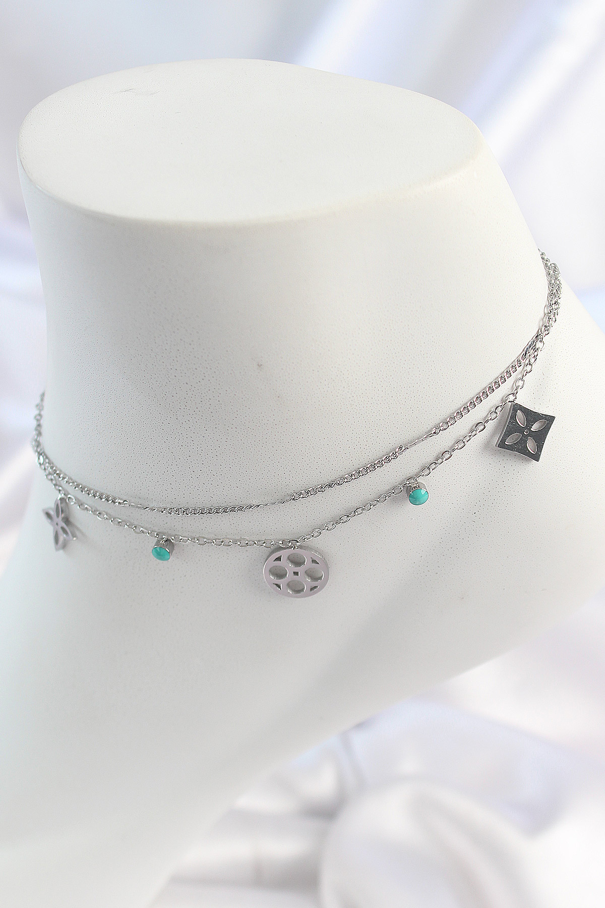 316L Çelik Gümüş Renk 2'Li Zincir Rüya Kapanı Figür Mavi Taş Detay Kadın Halhal