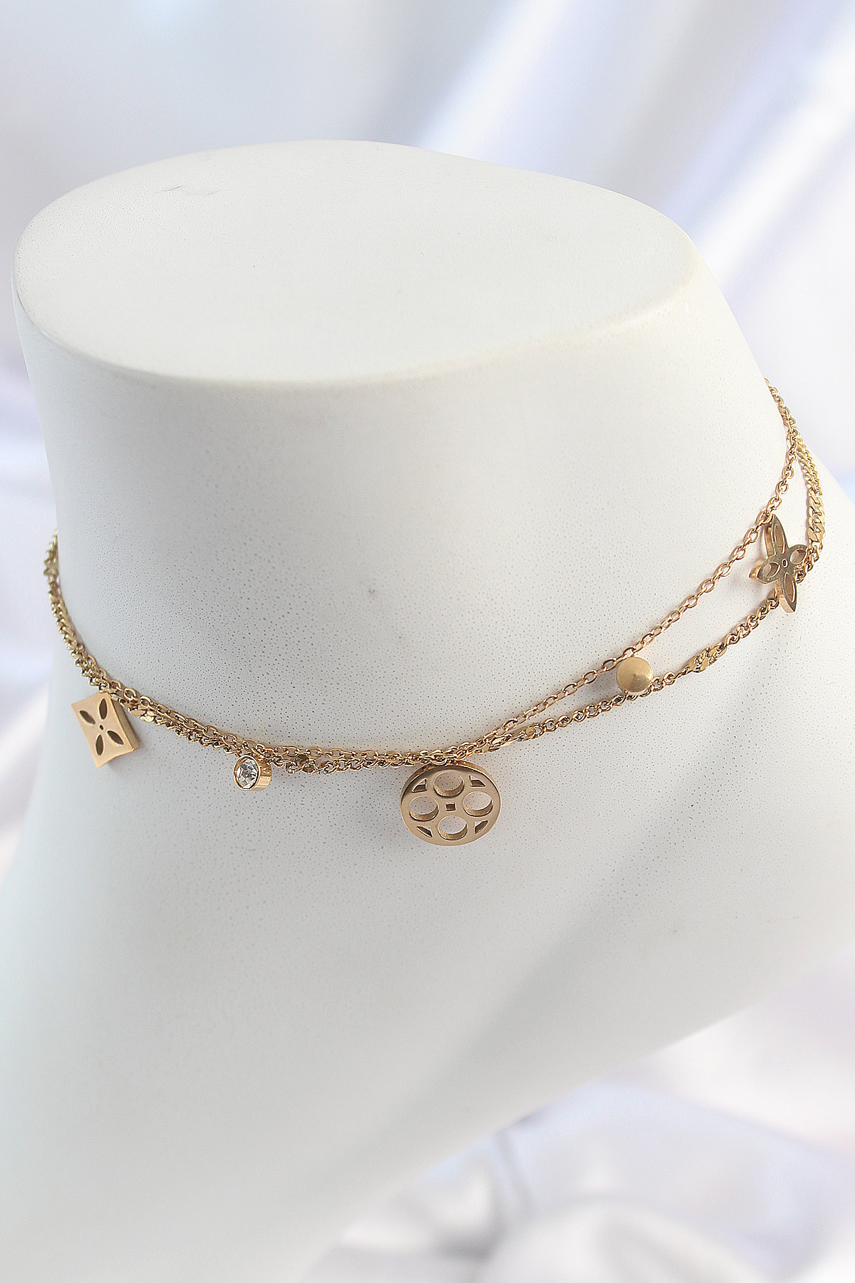 316L Çelik Gold Renk 2'Li Zincir Rüya Kapnı Figür Zirkon Taş Detay Kadın Halhal