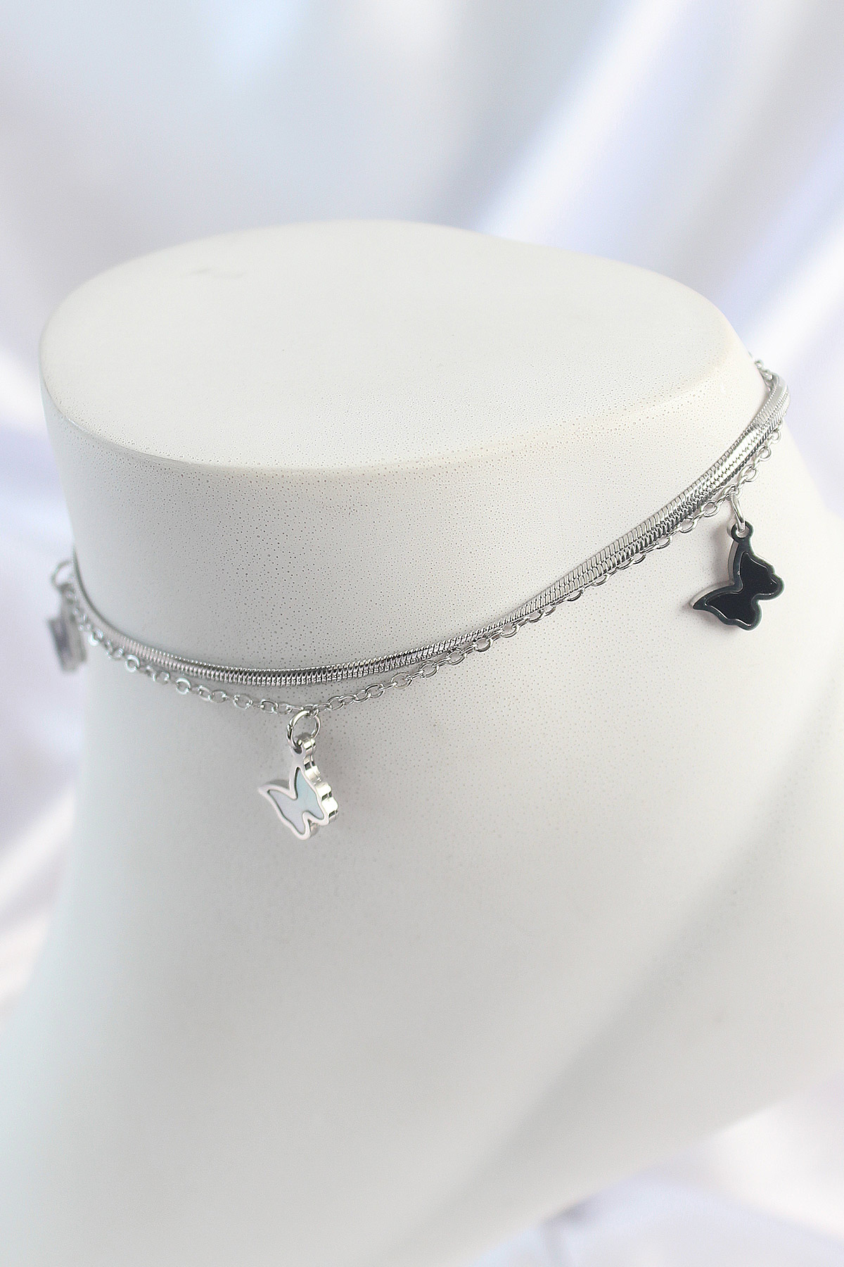 316L Çelik Gümüş Renk 2'Li İtalyan Zincir Model Sallantı Kelebek Figür Kadın Halhal