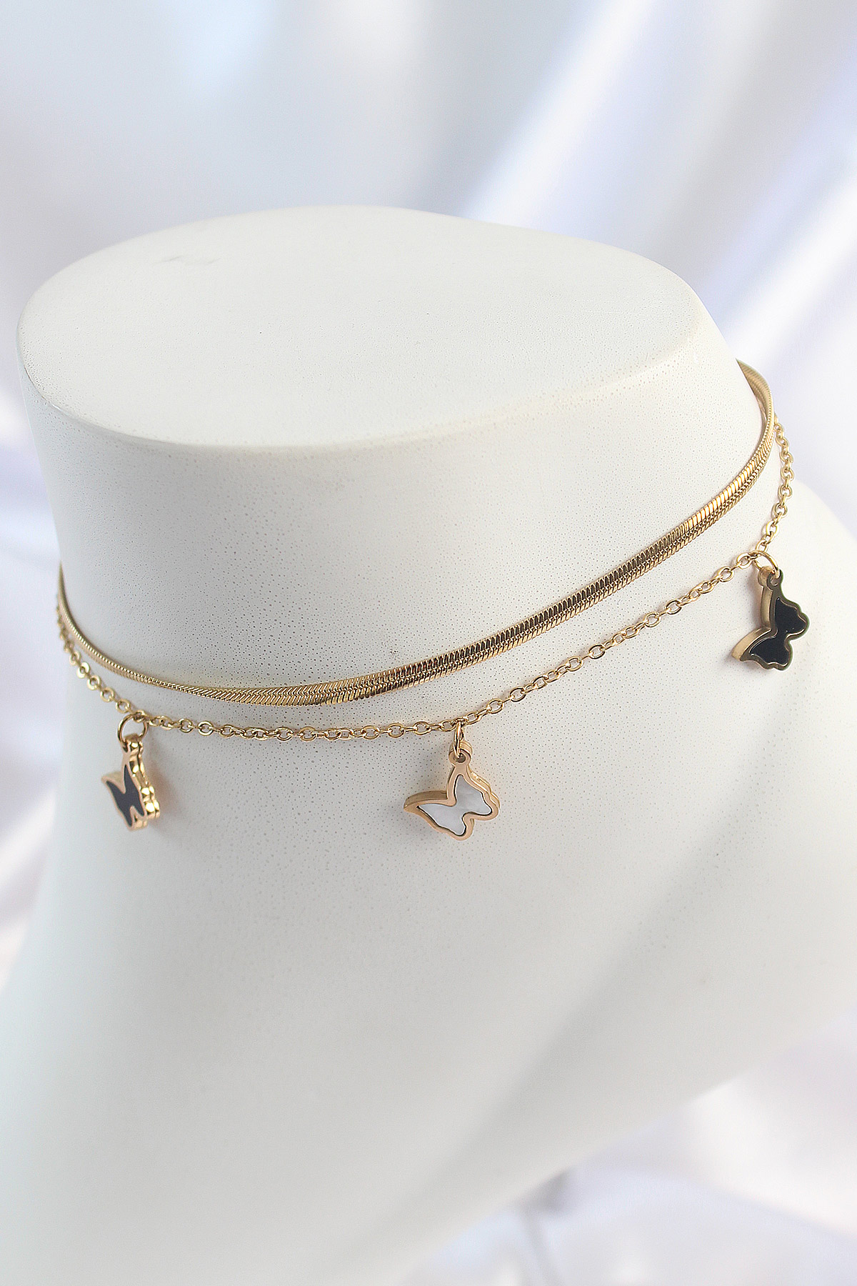 316L Çelik Gold Renk 2'Li İalyan Zincir Model Sallantı Kelebek Model Kadın Halhal