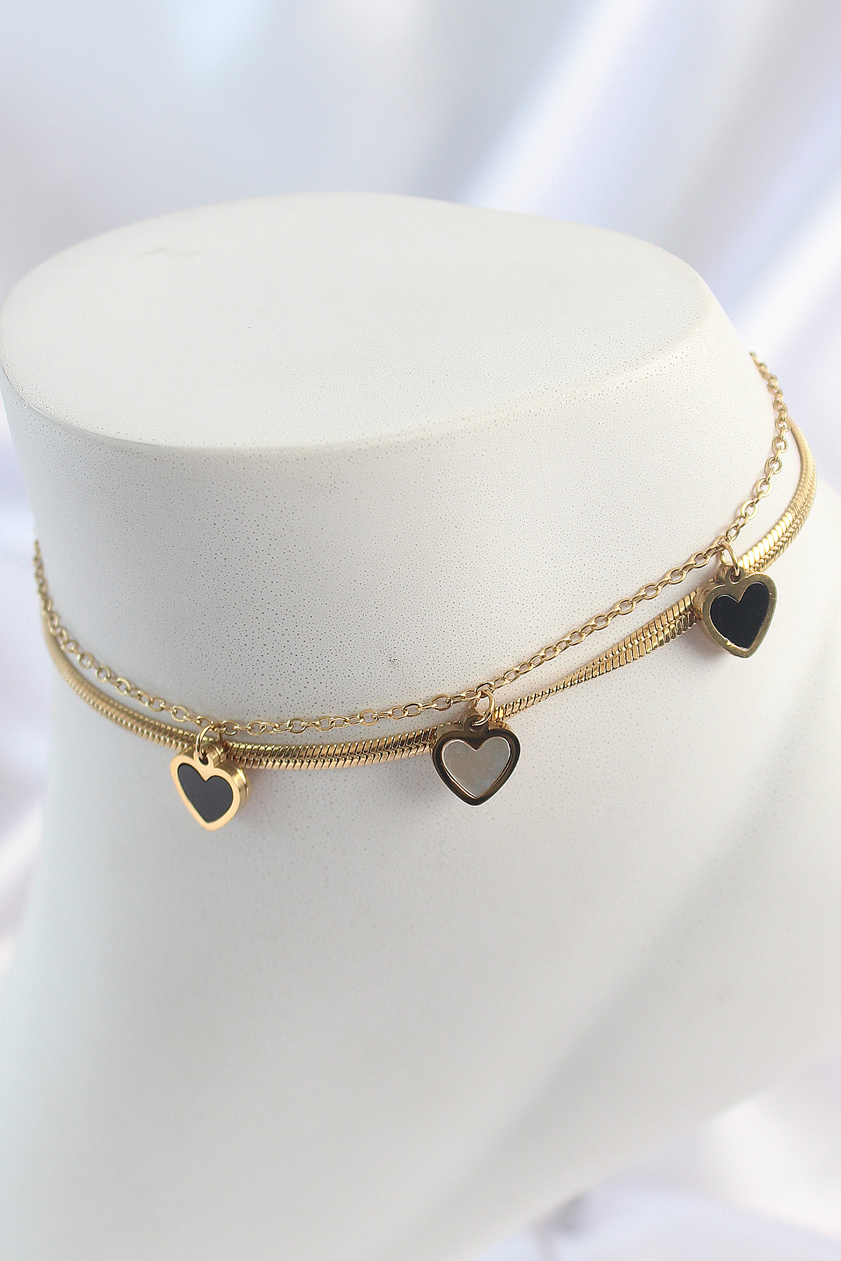 316L Çelik Gold Renk 2'Li İtalyan Zincir Model Sallantı Kalp Figür Kadın Halhal