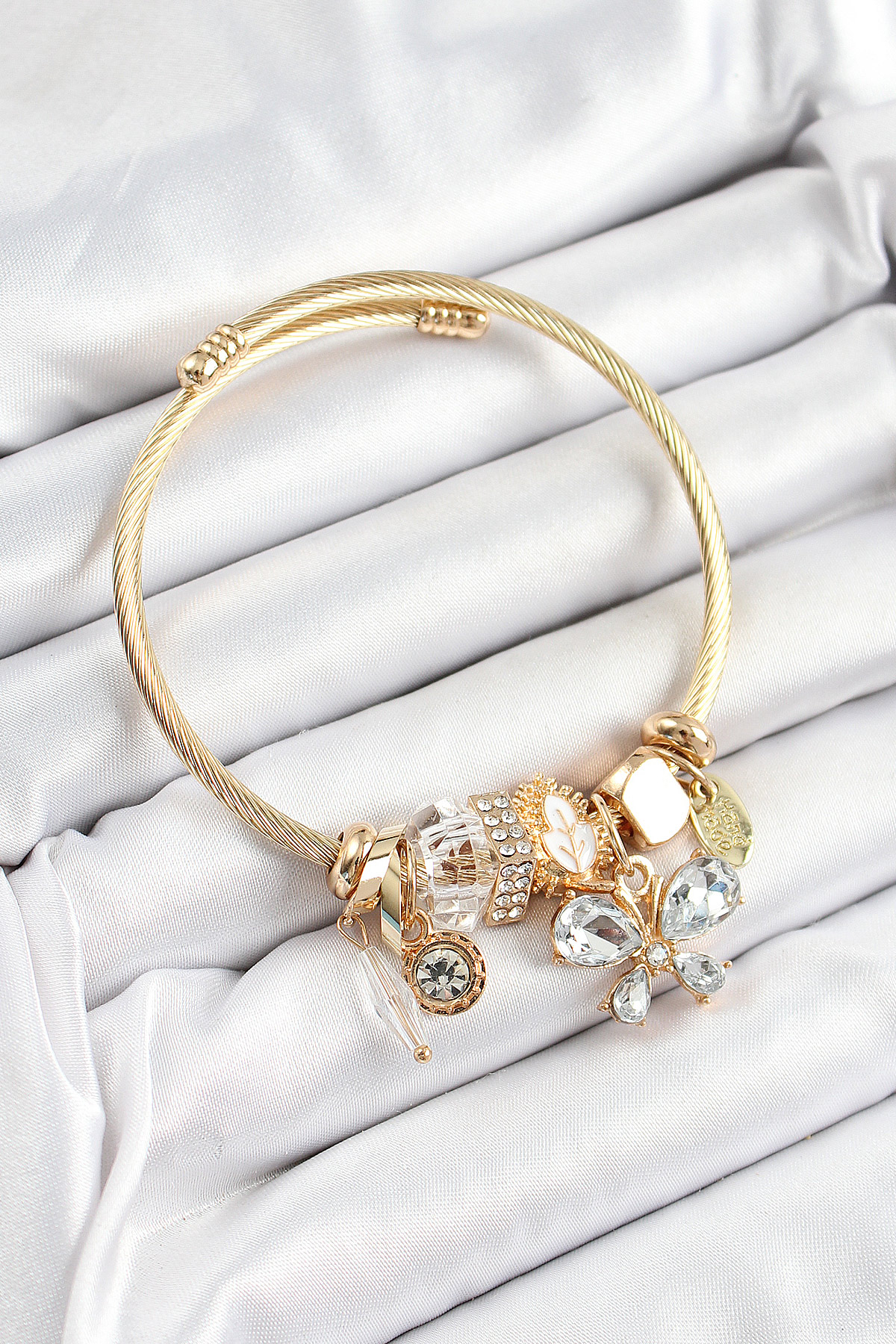 Çelik Beyaz Zirkon Taşlı Kelebek Model Gold Renk Charm Bileklik