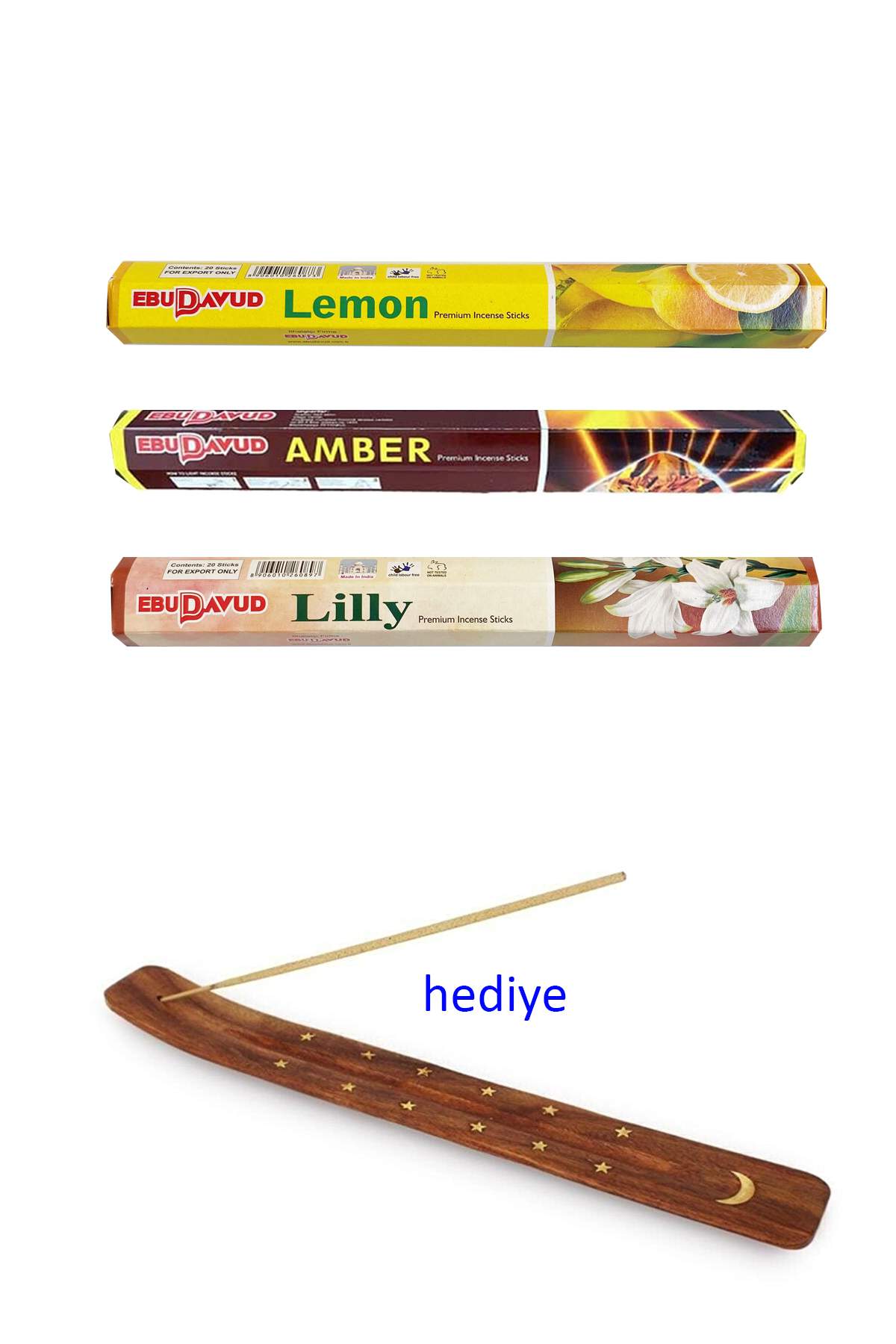 3 Paket 20 Çubuklu Tütsü Limon - Amber - Lilly - Kayık Hediyeli