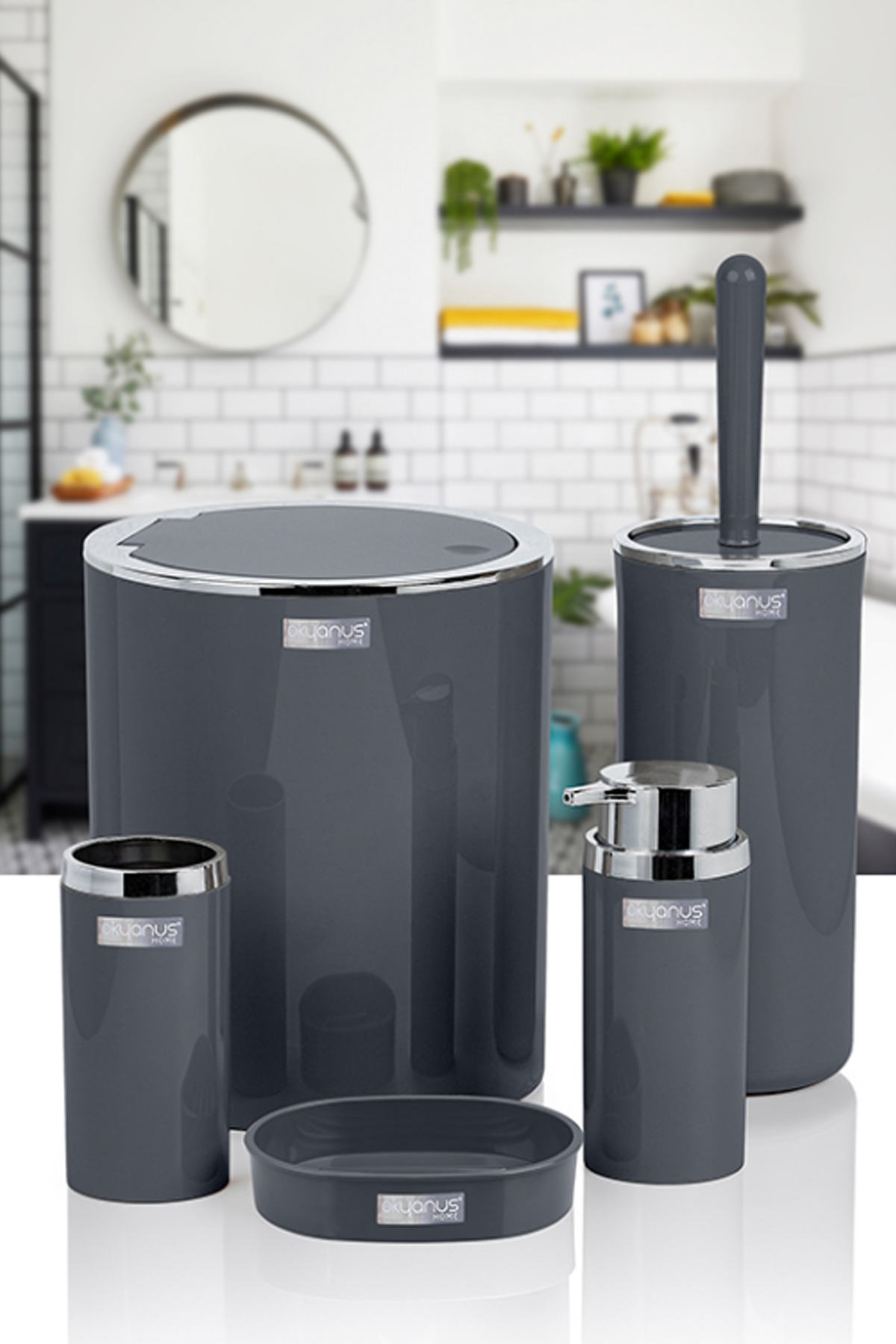 Yuvarlak 5’li Banyo Seti Krom - Antrasit Erc Yapı Market-OKY-616-4