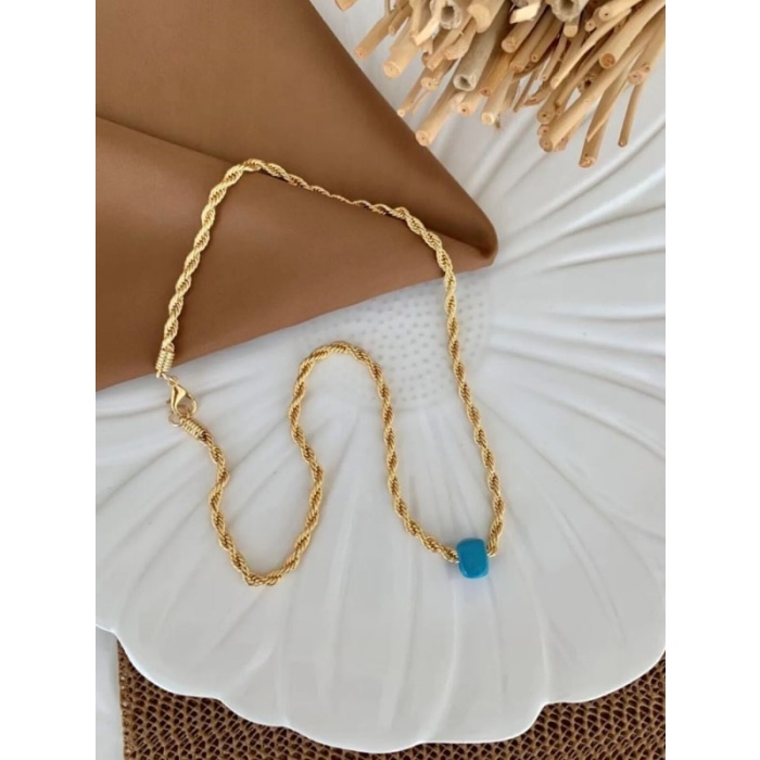 45 Cm Kolye - Mavi Taşlı Pirinç Zincirli Gold Şık Kolye