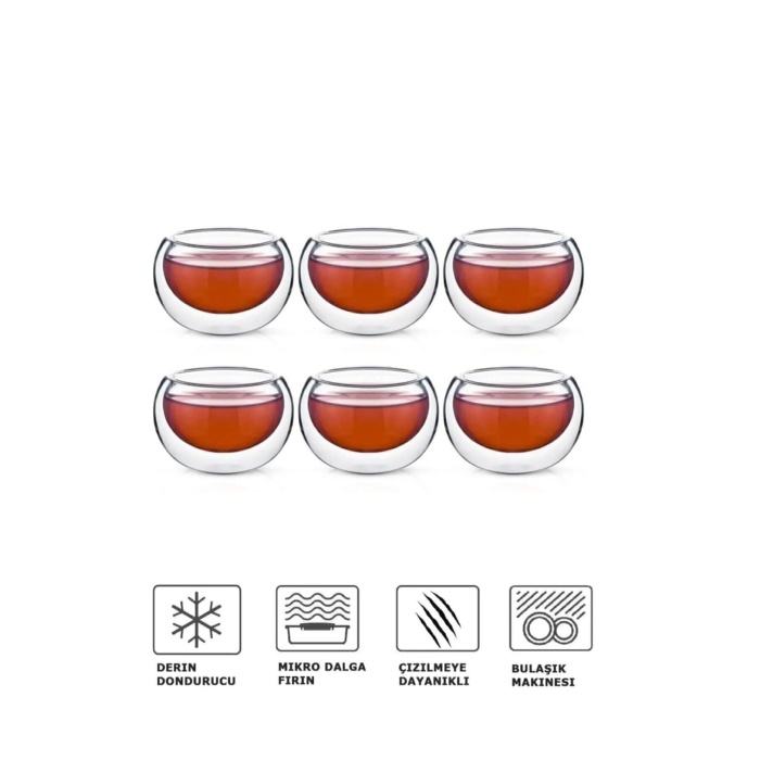 Çift Cidarlı 6&amp;#39;lı Borosilikat Cam Sos Çerez Mini Kase Seti 35 ml