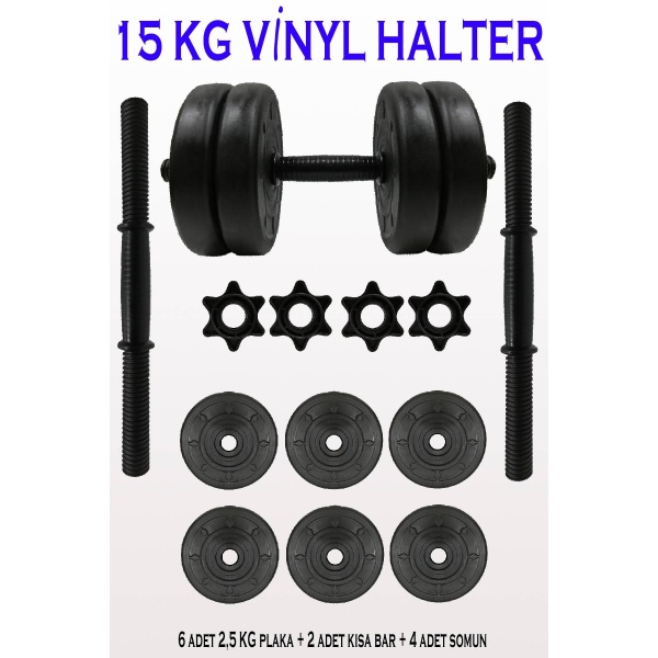 15 Dambıl Seti Halter Seti Ağırlık Seti Vinyl Kaplama Vidalı Bar