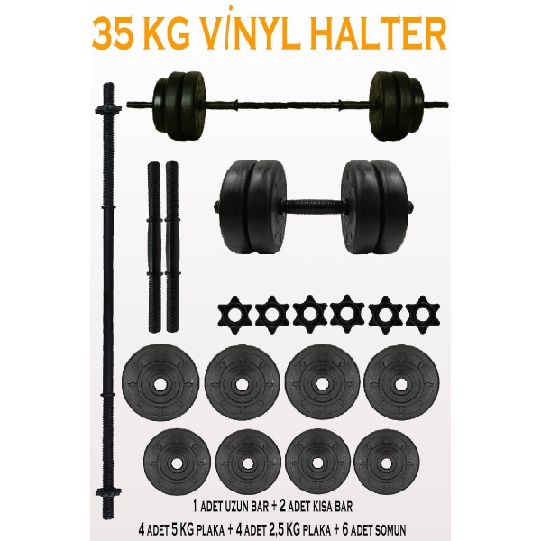 35 Kg Halter Seti  Dambıl Seti Vinyl Kaplama Vidalı Bar