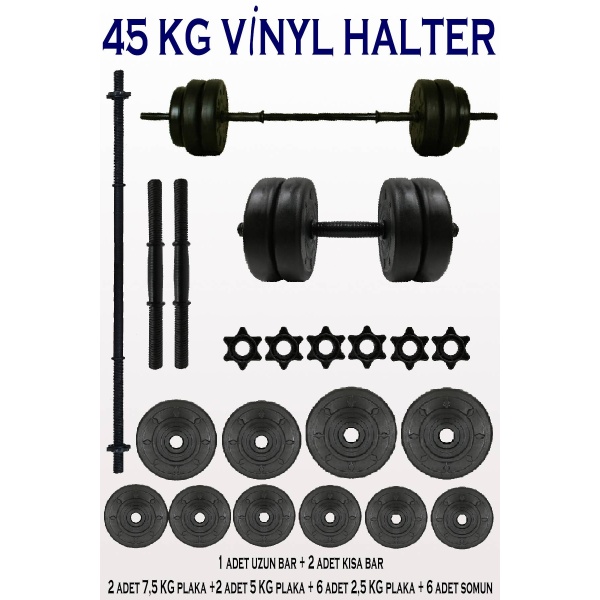 45 Kg Halter Seti Dambıl Seti Ağırlık Seti Vinyl Kaplama Vidalı Bar