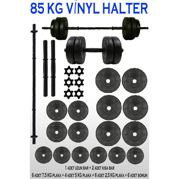 85 Kg Halter Seti Dambıl Seti Ağırlık Seti Vinyl Kaplama Vidalı Bar