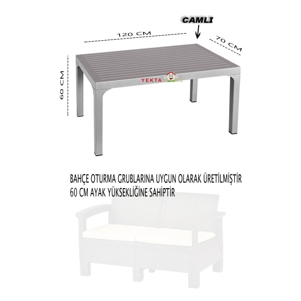 Holiday Masa Camlı Bahçe Masası 60 Cm Özel Ayaklı Bahçe Mobilyası Çöl Gri