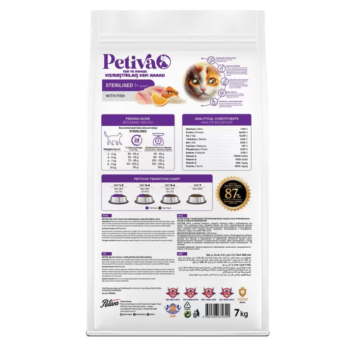 Petiva Kısırlaştırılmış Yetişkin Kediler İçin Balık Etli Kuru Kedi Maması 7 Kg